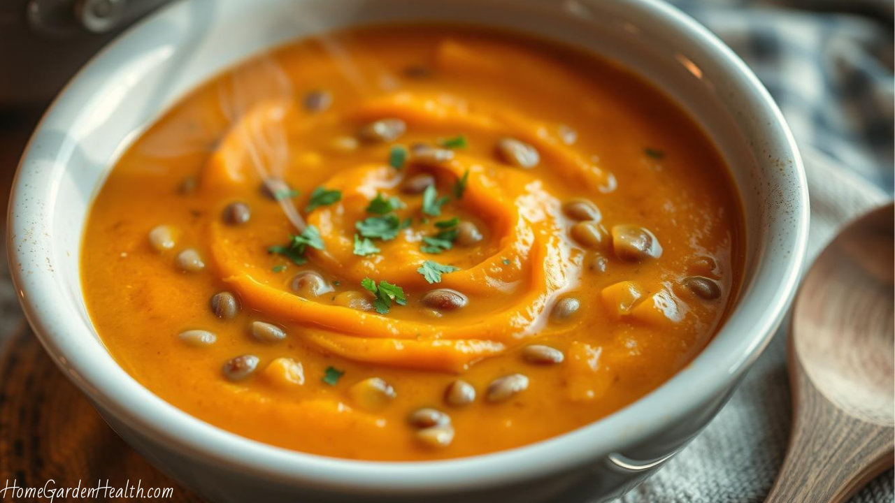 Serving of sweet potato and lentil soup