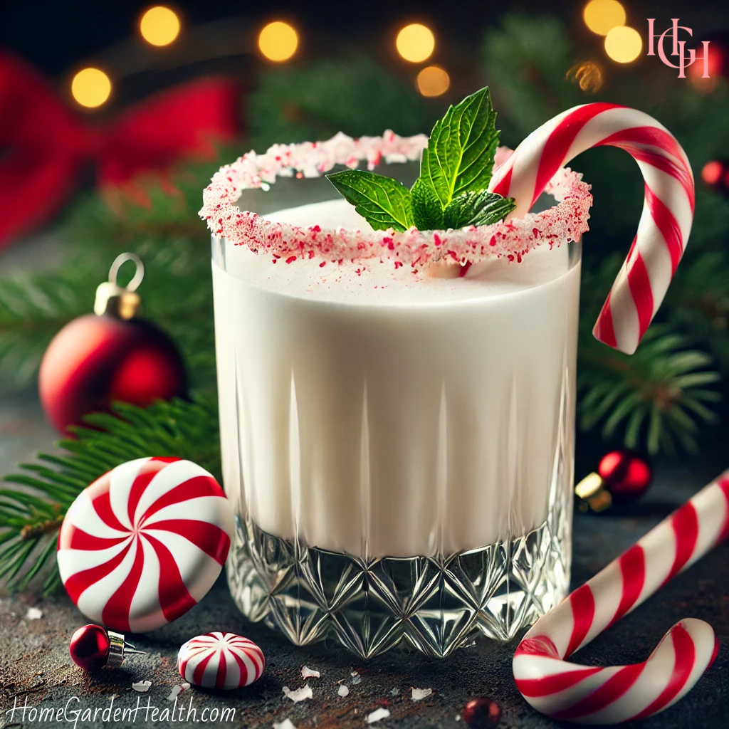 Festive setting with a glass full of Peppermint White Russian Christmas Cocktail and a candy cane with rimmed sugar