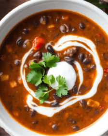 Spicy Black Bean and Roasted Poblano soup serving ina bowl with cream