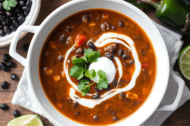 Spicy Black Bean and Roasted Poblano soup serving ina bowl with cream