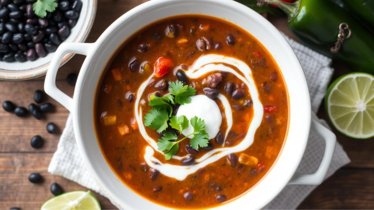 Spicy Black Bean and Roasted Poblano soup serving ina bowl with cream