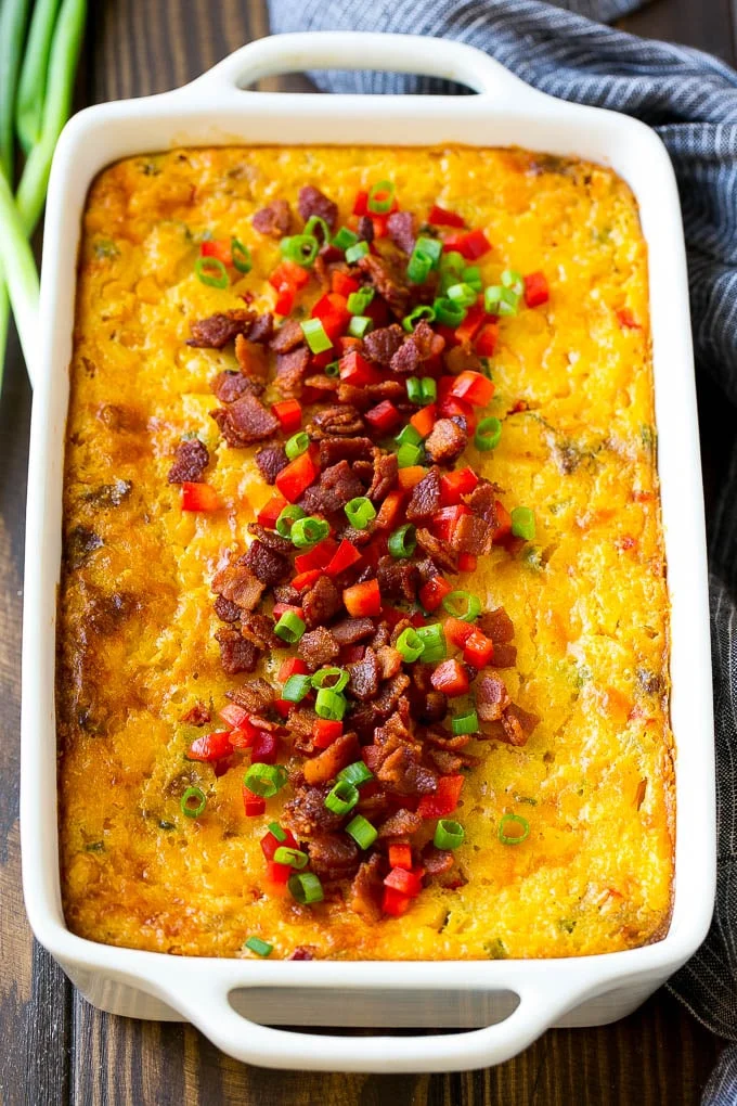 casserole baking dish with Loaded Corn Casserole inside.