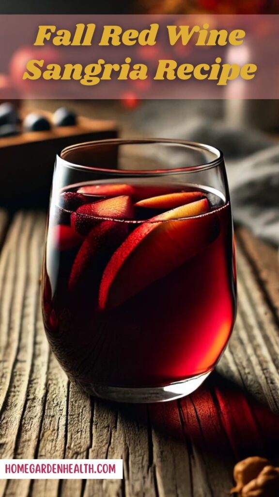 A glass tumbler on a wodden bench, filled with red wine sangria