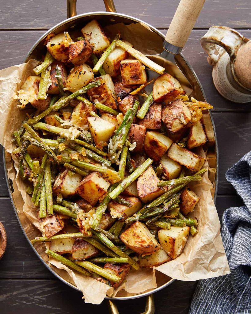 Bowl of Roasted Potatoes with asparagus